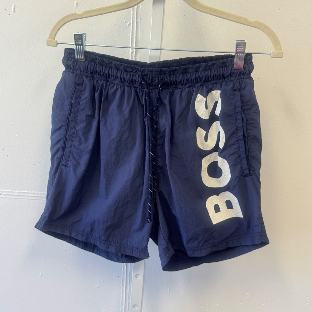 Hugo Boss Mens Navy Blue Logo Swim Shorts Trunks Lined Size Small Sporty
